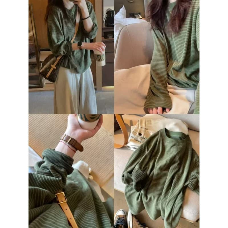 아메리칸 레트로 녹색 긴팔 스트라이프 티셔츠 여성 가을 작은 키 느긋한 루즈핏 다용도 배색 만나는 맨위 상세 이미지 5