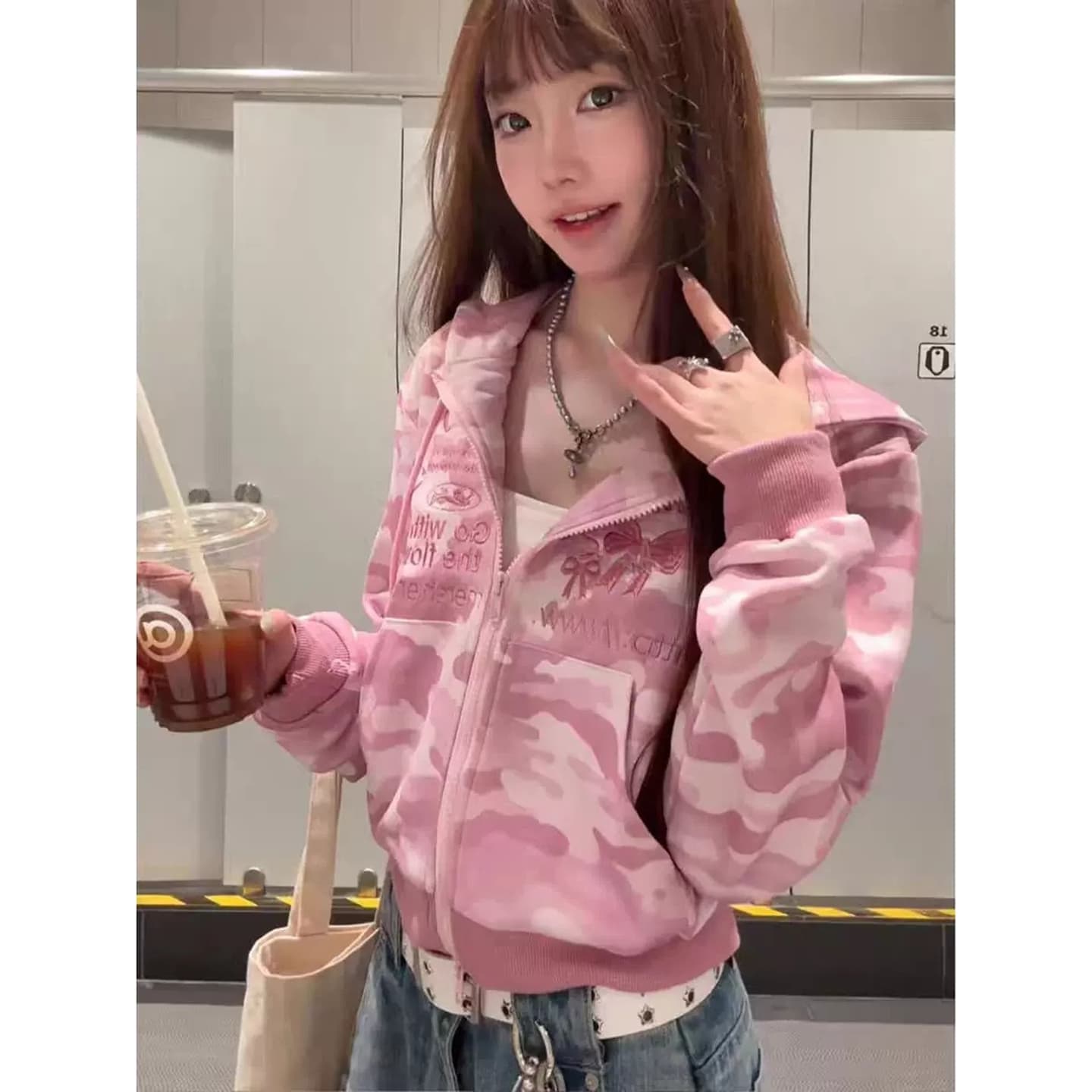 달콤한 차가운 바람 카모플라주 후드 재킷 지퍼 오픈 가디건 상세 이미지 4