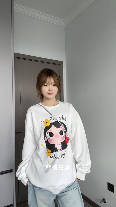 일본식 만화 귀여운 소녀 프린트 라운드 넥 후드티 여성 루즈핏 새로운 가을 느긋한 바람 맨위
