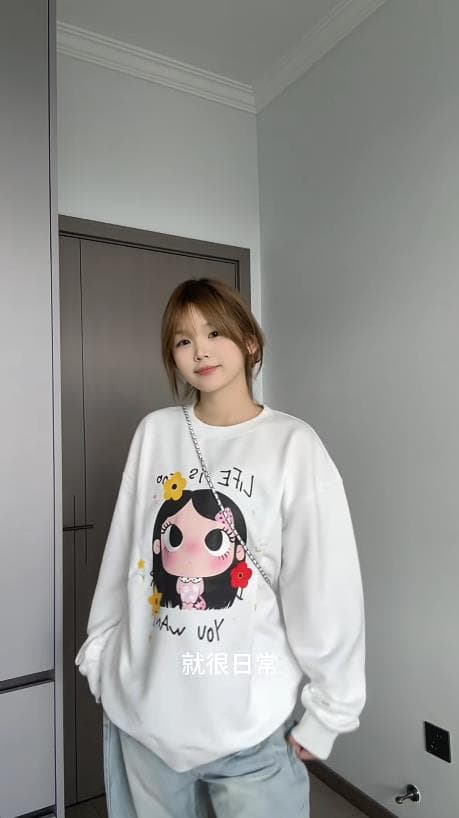 일본식 만화 귀여운 소녀 프린트 라운드 넥 후드티 여성 루즈핏 새로운 가을 느긋한 바람 맨위 이미지 4
