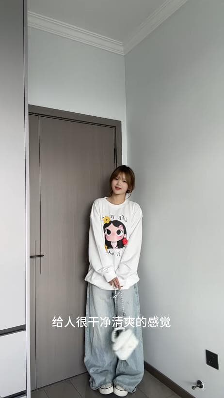 일본식 만화 귀여운 소녀 프린트 라운드 넥 후드티 여성 루즈핏 새로운 가을 느긋한 바람 맨위 상세 이미지 5
