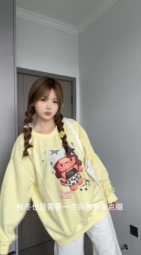 멩 이자 귀여운 만화 안경 소녀 프린트 라운드 넥 후드티 여성 루즈핏 캐주얼 작은 대중 개성 맨위 상세 이미지 3