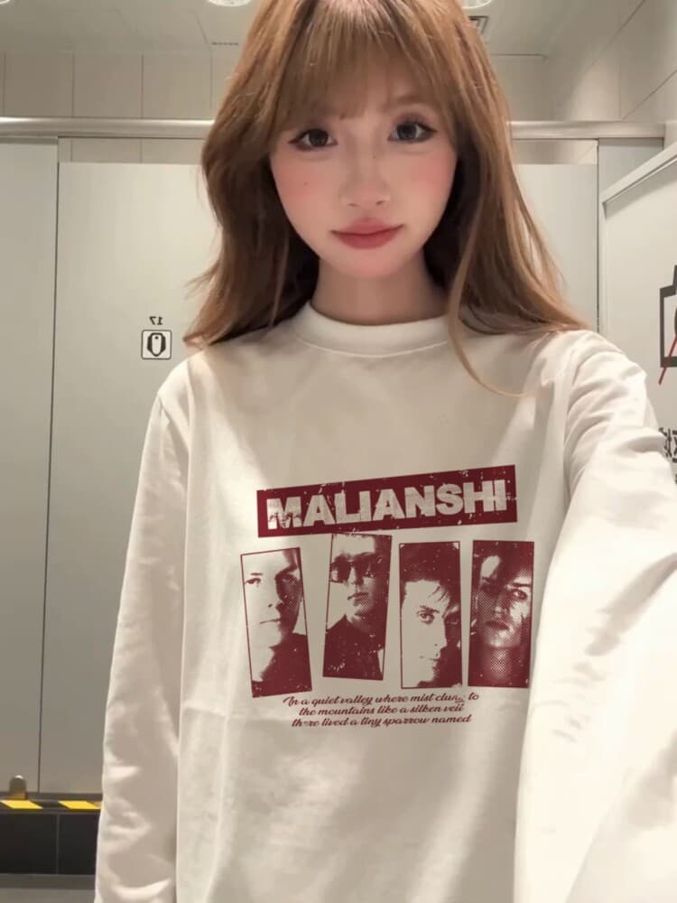 순면 아메리칸 레트로 초상화 프린트 긴팔 티셔츠 여성 이른 가을 루즈핏 조수 브랜드 느긋한 느슨함 센스 만나는 맨위 이미지 2