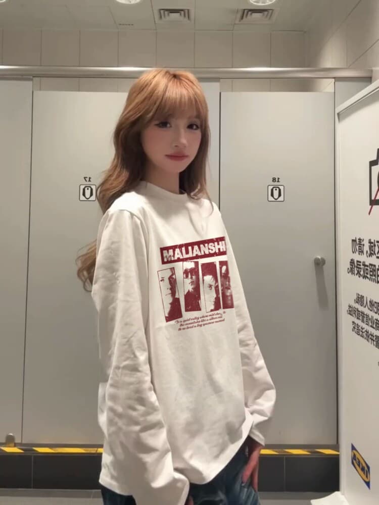 순면 아메리칸 레트로 초상화 프린트 긴팔 티셔츠 여성 이른 가을 루즈핏 조수 브랜드 느긋한 느슨함 센스 만나는 맨위 이미지 3