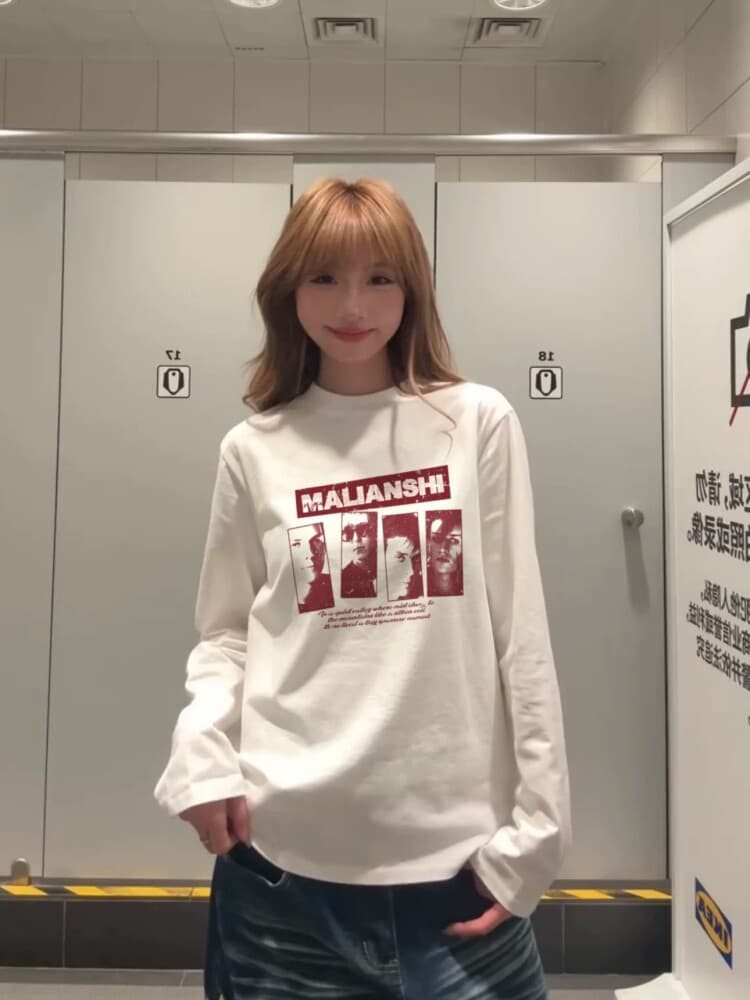 순면 아메리칸 레트로 초상화 프린트 긴팔 티셔츠 여성 이른 가을 루즈핏 조수 브랜드 느긋한 느슨함 센스 만나는 맨위 이미지 4
