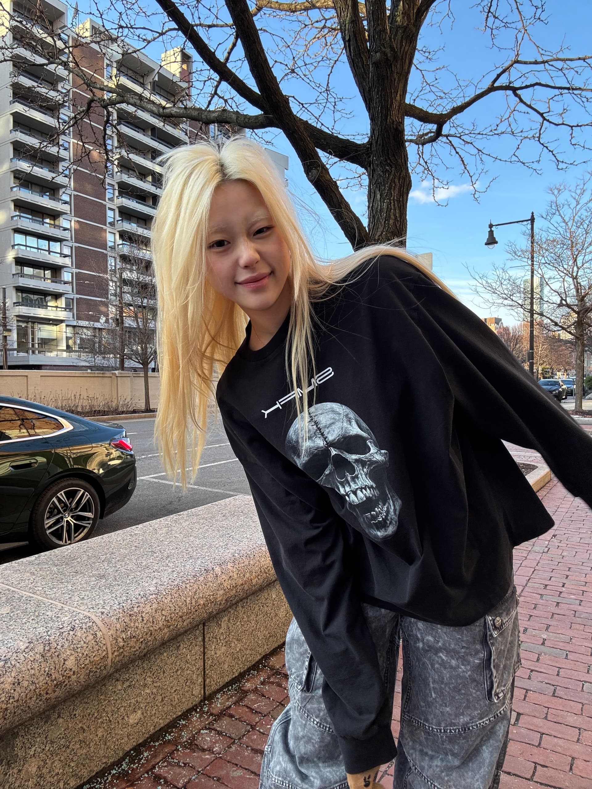 아메리칸 레트로 긴팔 티셔츠 여성 이른 가을 해골 프린트 워싱 블랙 동정 펑크 바람 루즈핏 커플 맨위
