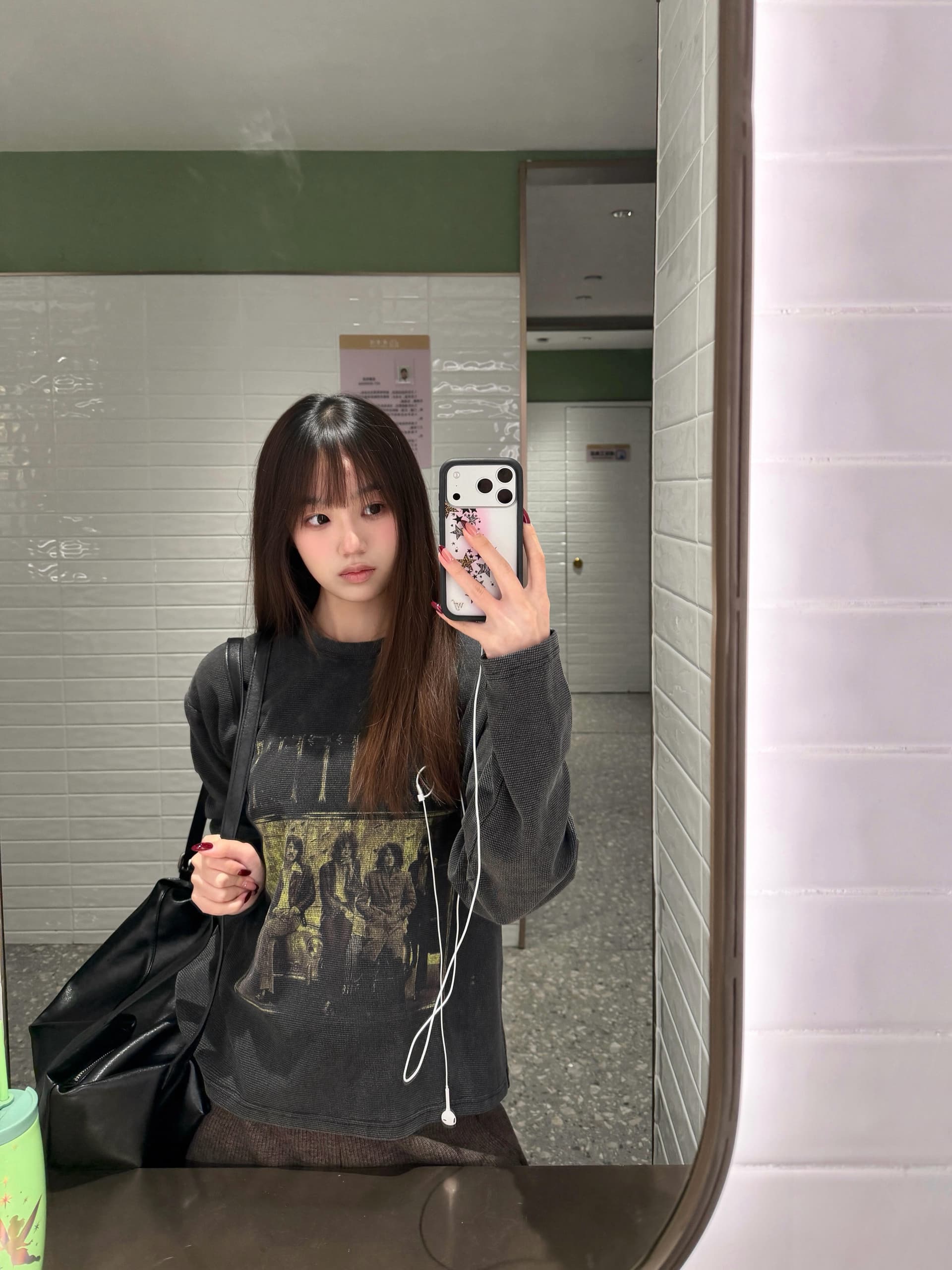 아메리칸 높음 거리 워싱 마 오래된 긴팔 티셔츠 여성 이른 봄 프린트 검정색 느긋한 루즈핏 커플 맨위 상세 이미지 1
