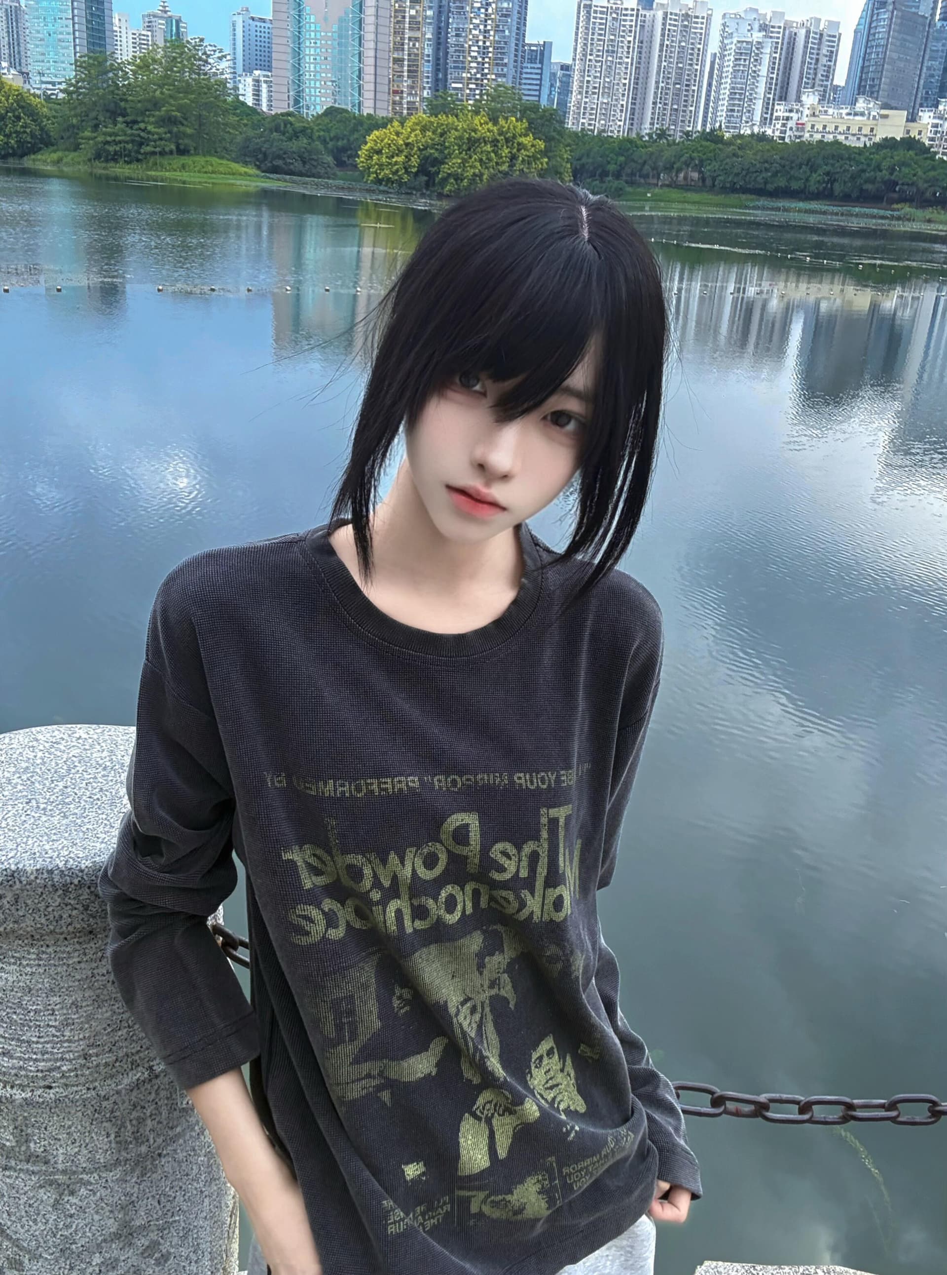 아메리칸 레트로 거리 워싱 마 오래된 초상화 무거운 후아 남편 그리드 짧은 와이드 핏 스타일 남녀 긴팔 맨위 이미지 3