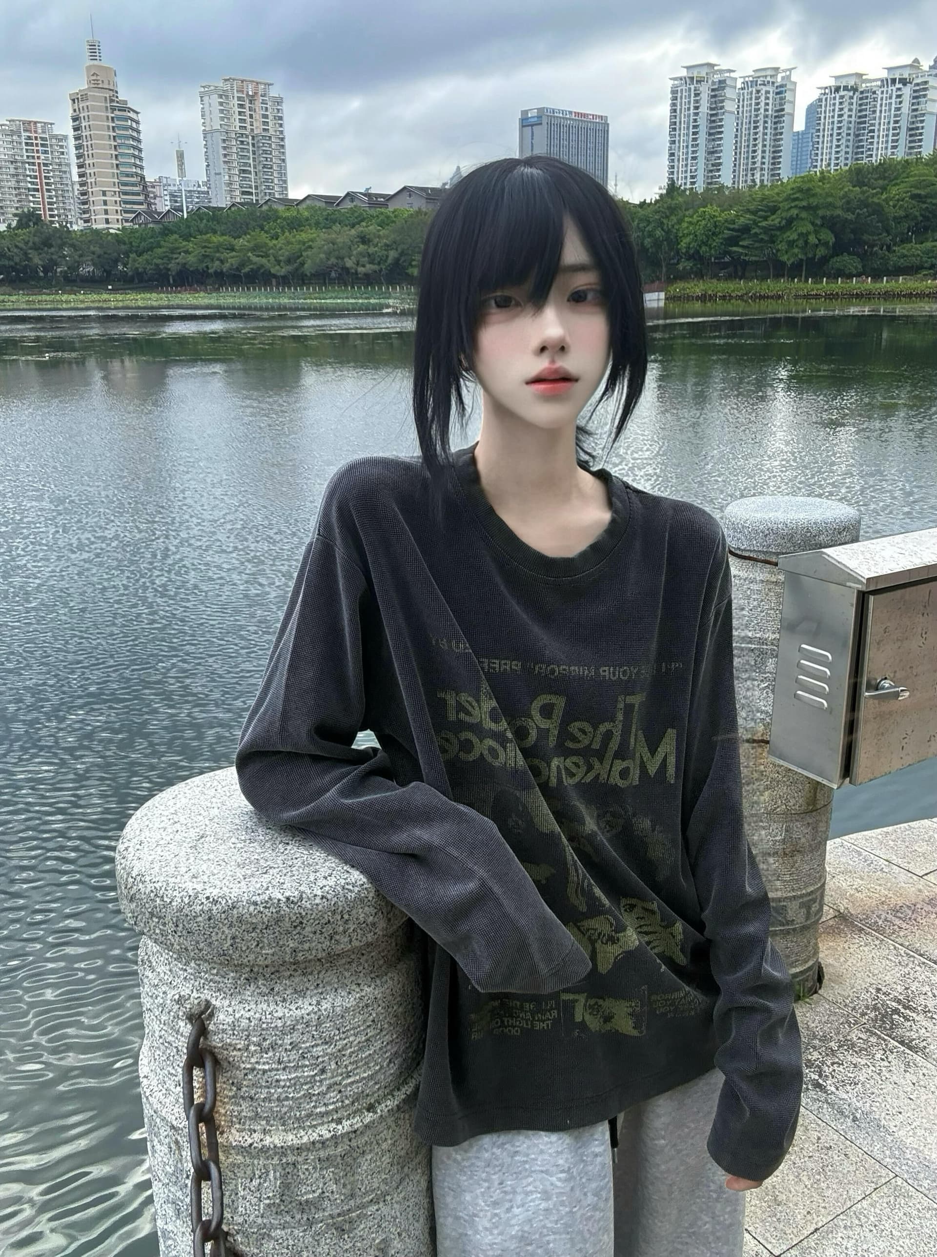 아메리칸 레트로 거리 워싱 마 오래된 초상화 무거운 후아 남편 그리드 짧은 와이드 핏 스타일 남녀 긴팔 맨위 상세 이미지 3