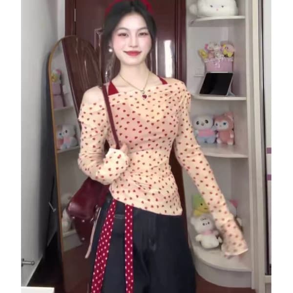 한 부서 핫걸 하트 비스듬한 어깨 긴팔 자외선 차단 블라우스 여성 얇은 스타일 몸매 가꾸기 행침 목 조끼 맨위 상세 이미지 3