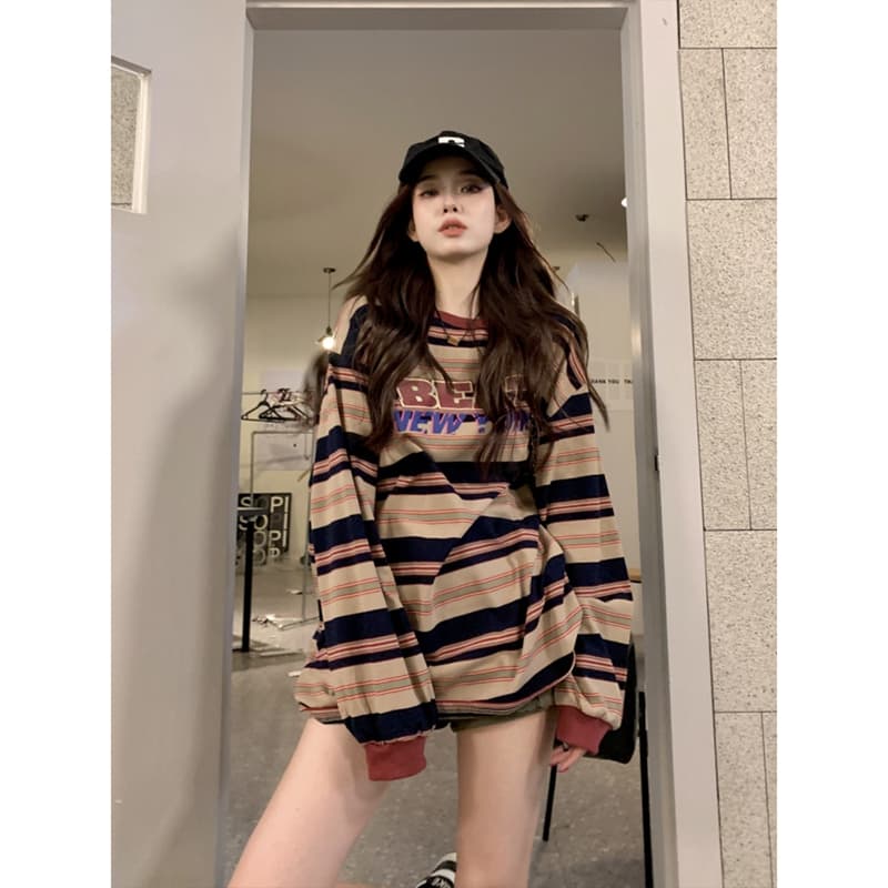 가을 아메리칸 레트로 스트라이프 긴팔 티셔츠 여성 2026 새로운 루즈핏 인사이드 가져 가라. 언더 의류 누락 된 만나는 맨위 봄 상세 이미지 1