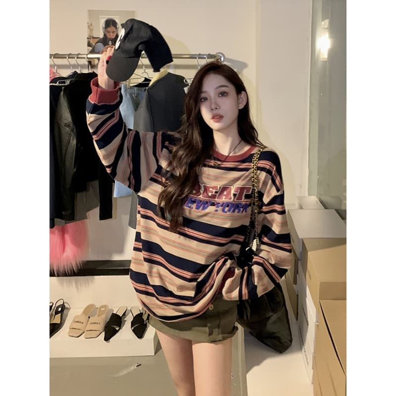 가을 아메리칸 레트로 스트라이프 긴팔 티셔츠 여성 2026 새로운 루즈핏 인사이드 가져 가라. 언더 의류 누락 된 만나는 맨위 봄 상세 이미지 4