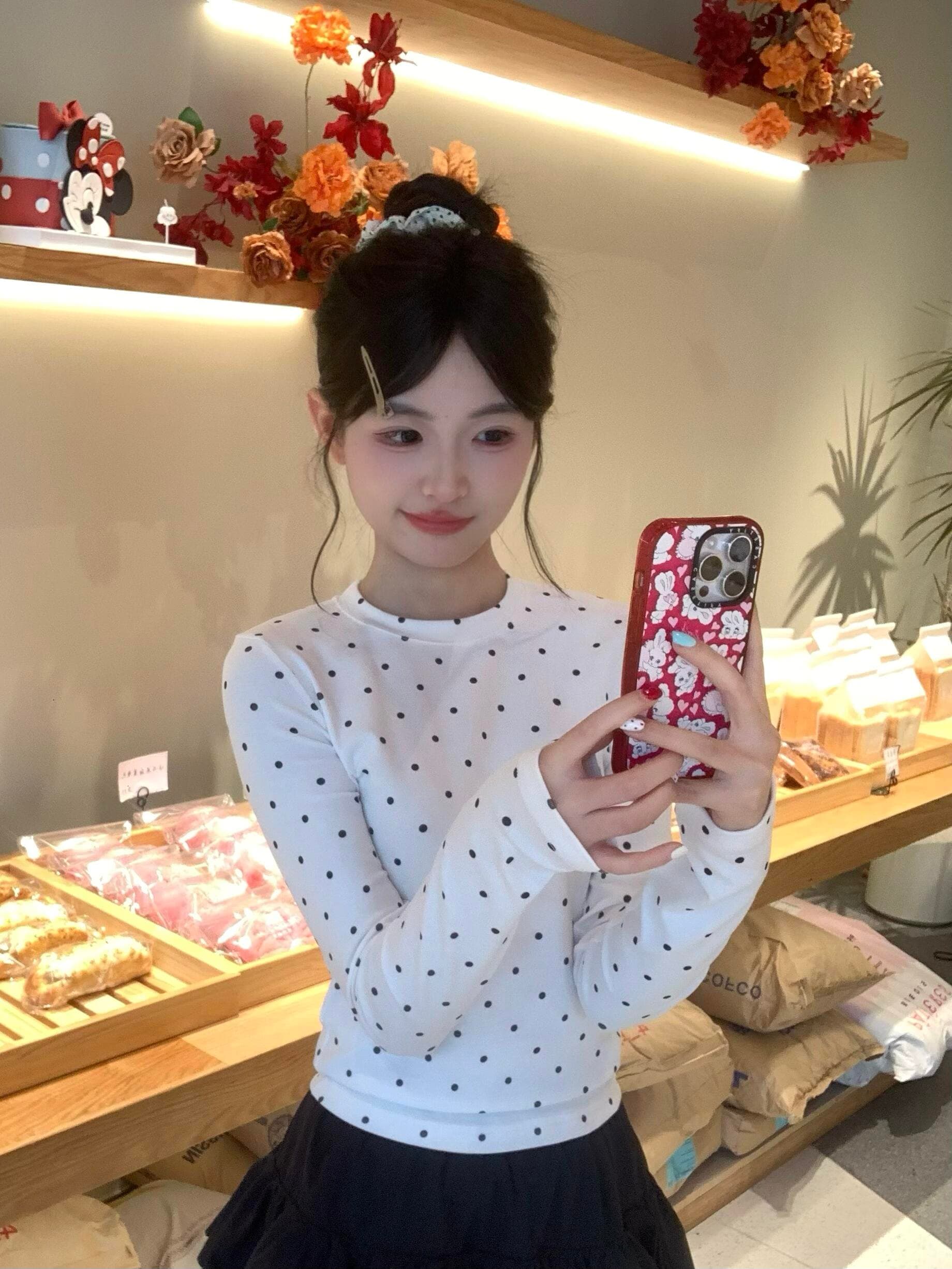 몸매 가꾸기 도트 무늬 프린트 긴팔 티셔츠 여성 봄 가을 기본 셔츠