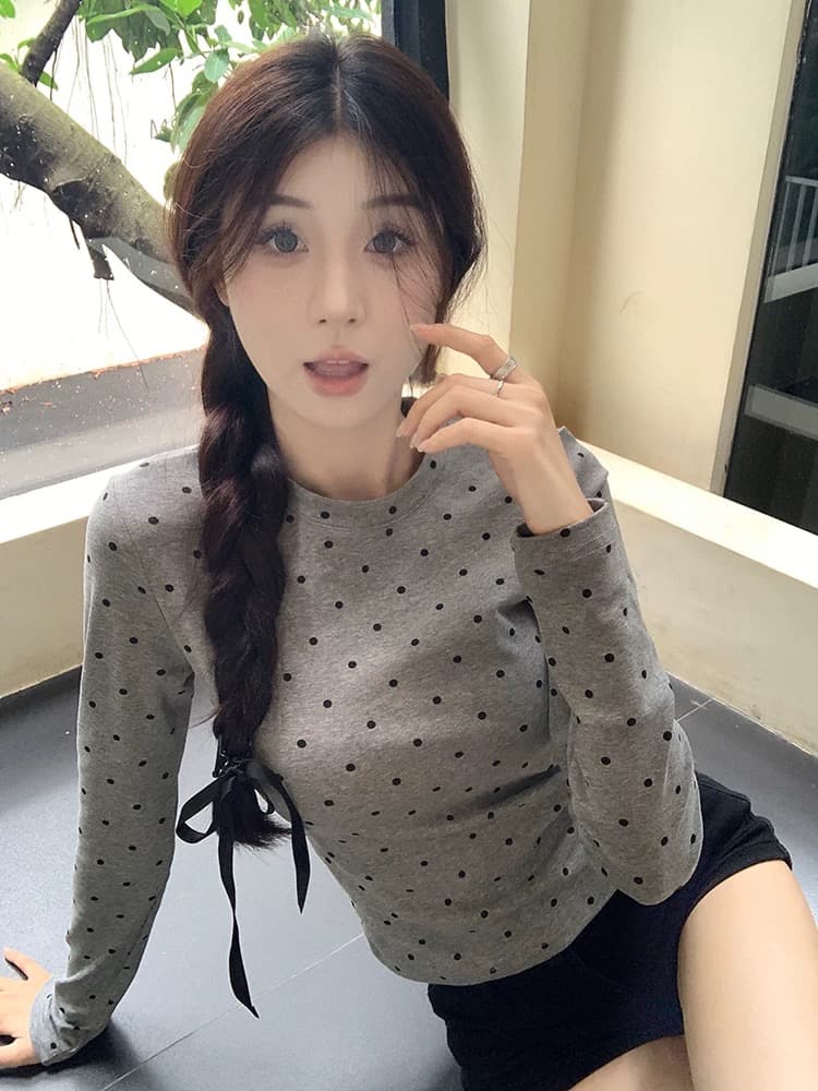 몸매 가꾸기 도트 무늬 프린트 긴팔 티셔츠 여성 봄 가을 기본 셔츠 이미지 2