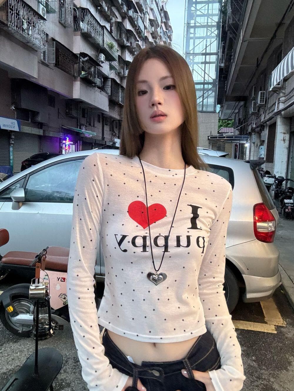 아메리칸 핫걸 바람 도트 무늬 프린트 긴팔 티셔츠 여성 봄 가을 새로운 몸매 가꾸기 디자인 센스 Chic 쇼트 스타일 맨위 트렌디 상세 이미지 5