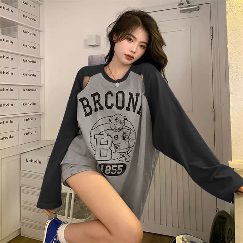 아메리칸 레트로 패치워크 색상 긴팔 티셔츠 여성 봄 가을 새로운 bf 달콤한 차가운 바람 루즈핏 홀로우 아웃 작은 대중 디자인 센스 맨위