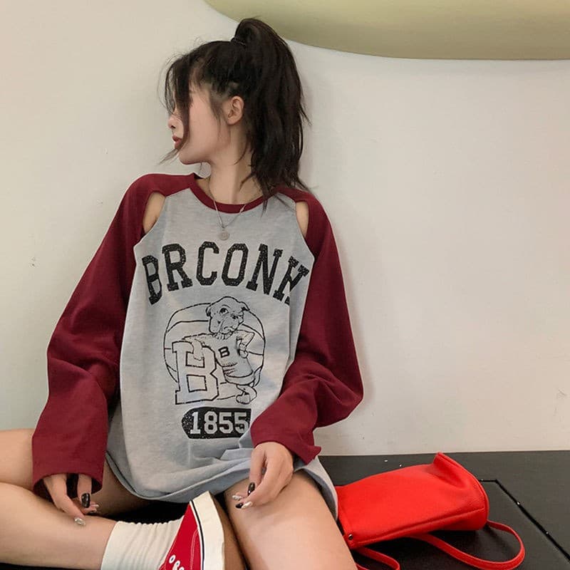 아메리칸 레트로 패치워크 색상 긴팔 티셔츠 여성 봄 가을 새로운 bf 달콤한 차가운 바람 루즈핏 홀로우 아웃 작은 대중 디자인 센스 맨위 이미지 2