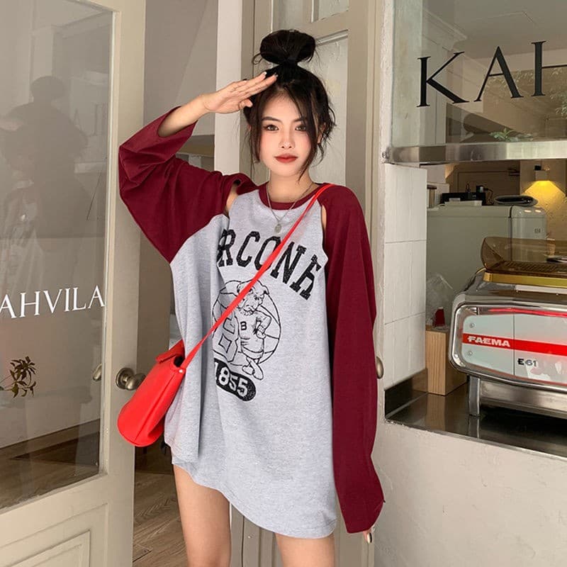 아메리칸 레트로 패치워크 색상 긴팔 티셔츠 여성 봄 가을 새로운 bf 달콤한 차가운 바람 루즈핏 홀로우 아웃 작은 대중 디자인 센스 맨위 이미지 3