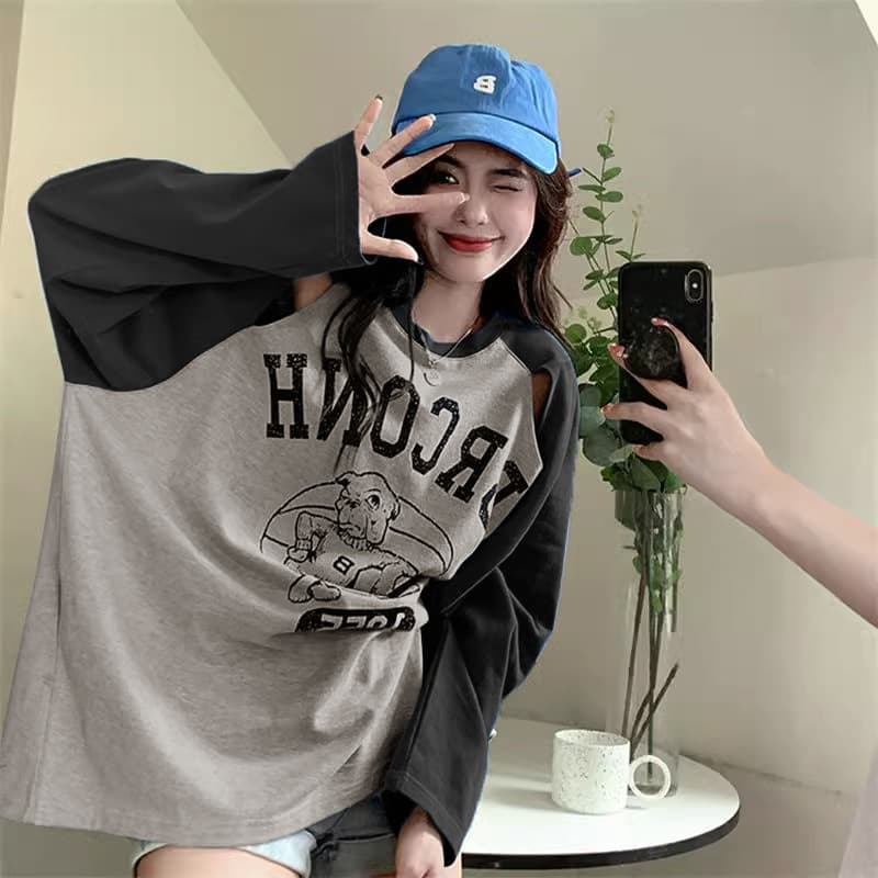 아메리칸 레트로 패치워크 색상 긴팔 티셔츠 여성 봄 가을 새로운 bf 달콤한 차가운 바람 루즈핏 홀로우 아웃 작은 대중 디자인 센스 맨위 이미지 4