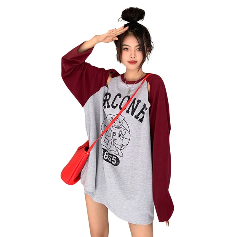 아메리칸 레트로 패치워크 색상 긴팔 티셔츠 여성 봄 가을 새로운 bf 달콤한 차가운 바람 루즈핏 홀로우 아웃 작은 대중 디자인 센스 맨위 상세 이미지 5