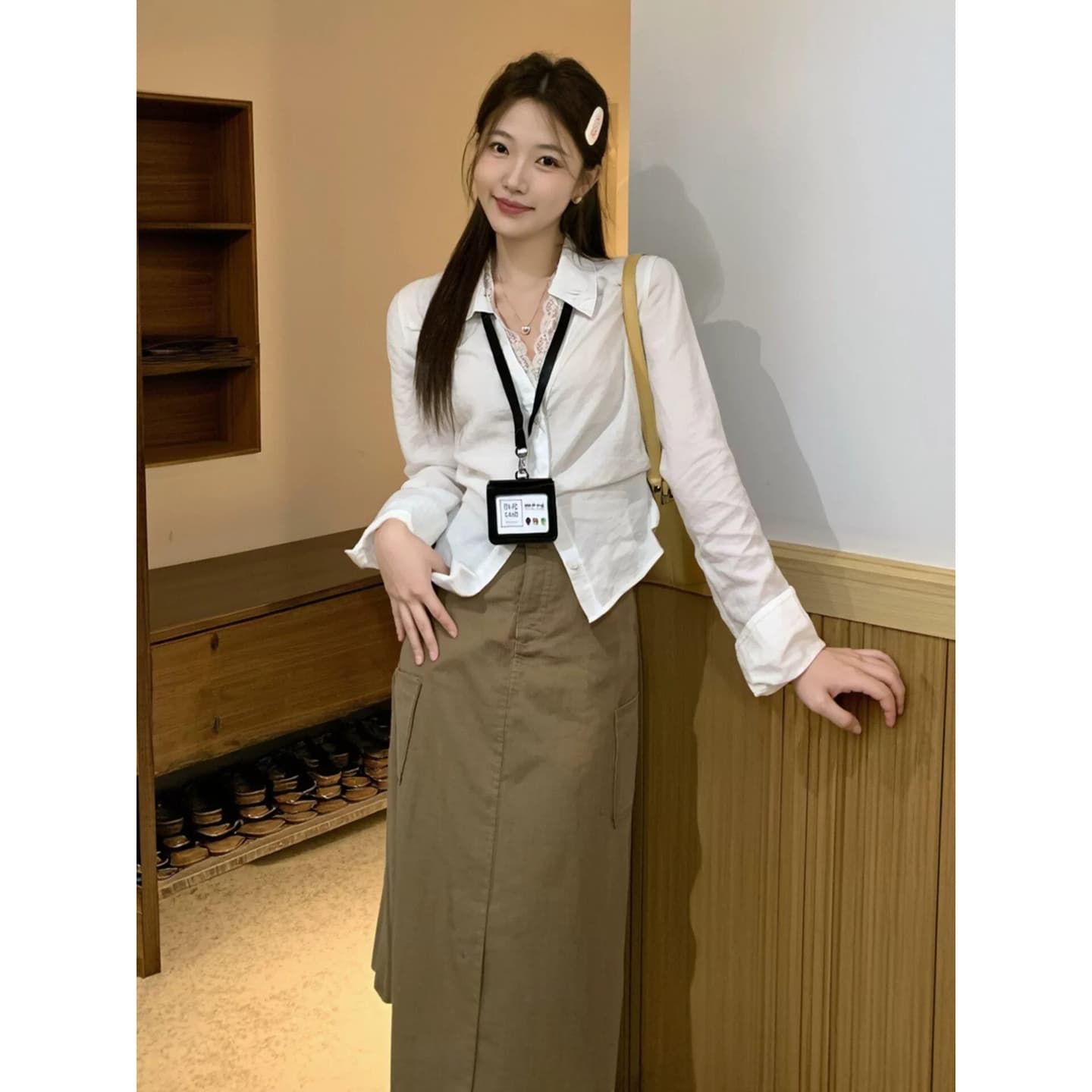 높음 지혜 바람 긴팔 폴로 칼라 화이트 여성 셔츠 가을 레트로 스택 착용 디자인 센스 다용도 허리 수축 맨위 새로운 상세 이미지 1