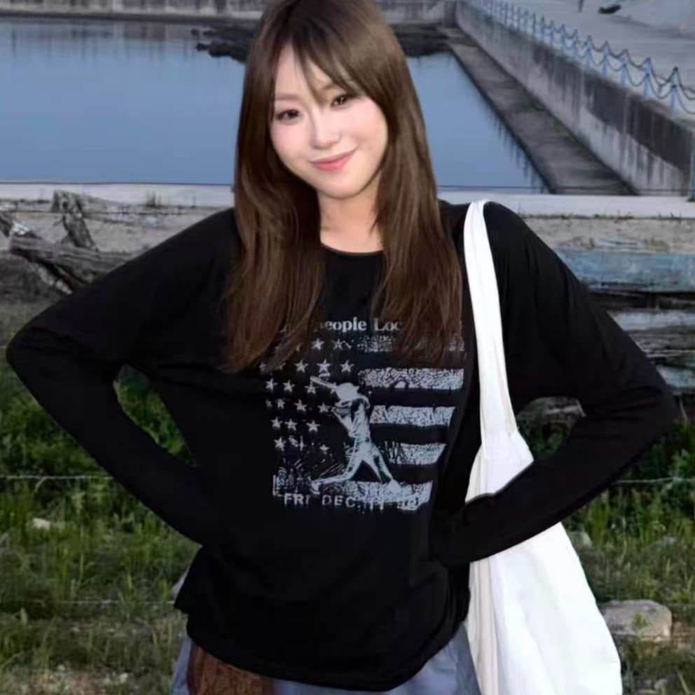 작은 대중 레트로 야구 운동 프린트 느긋한 캐주얼 루즈핏 순면 얇은 스타일 긴팔 티셔츠 맨위 여성
