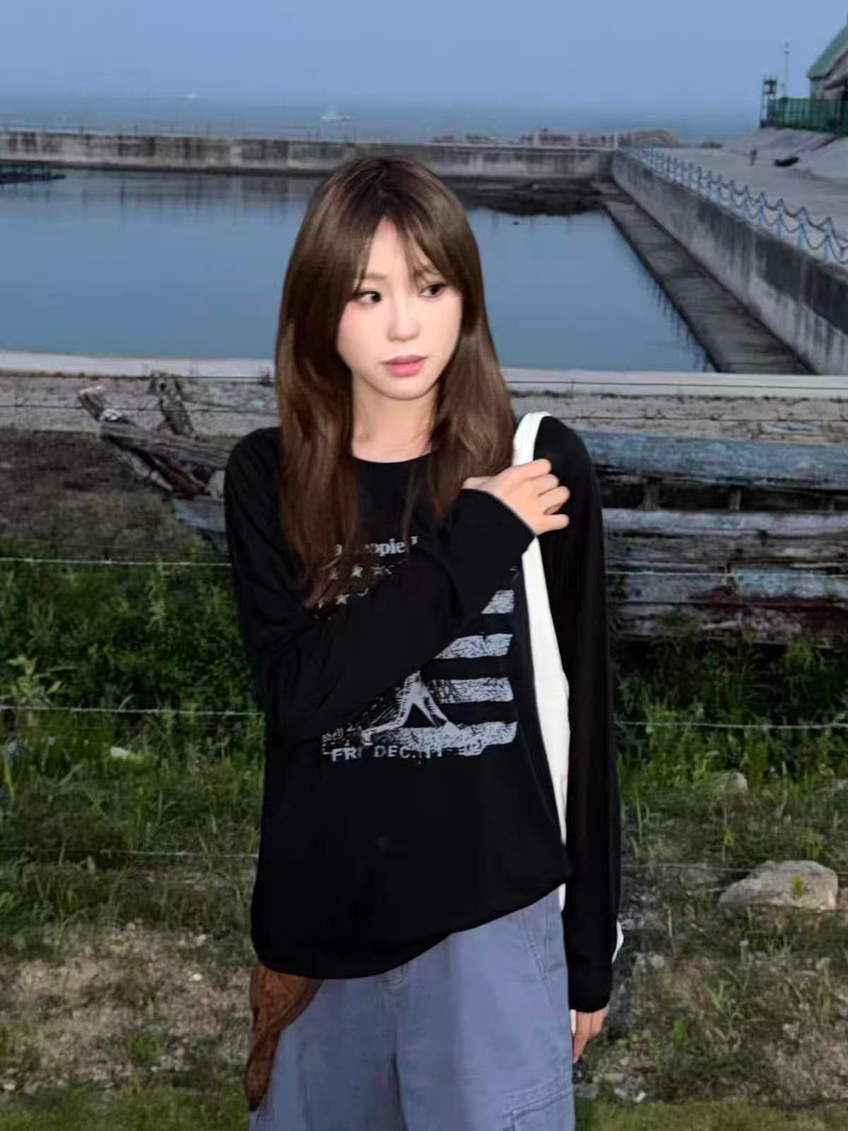 작은 대중 레트로 야구 운동 프린트 느긋한 캐주얼 루즈핏 순면 얇은 스타일 긴팔 티셔츠 맨위 여성 이미지 3