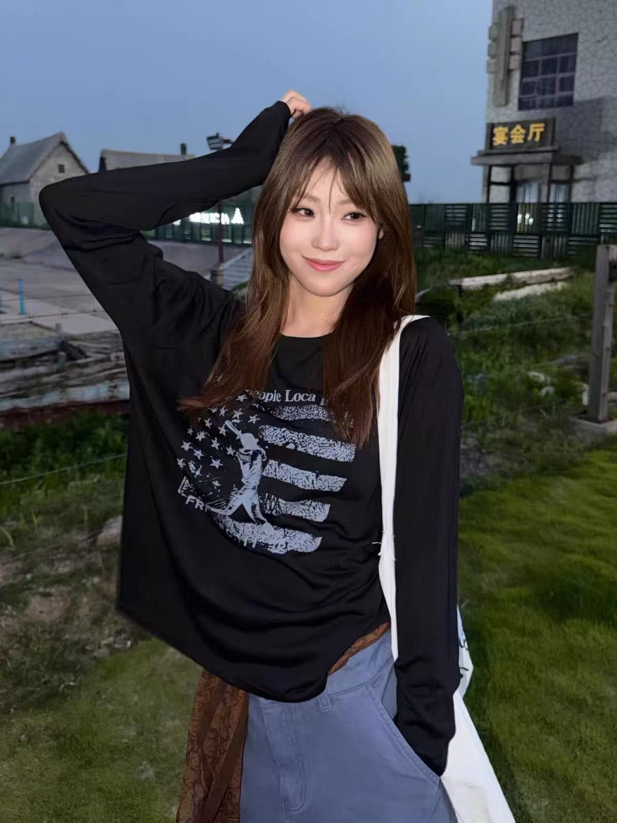 작은 대중 레트로 야구 운동 프린트 느긋한 캐주얼 루즈핏 순면 얇은 스타일 긴팔 티셔츠 맨위 여성 상세 이미지 4