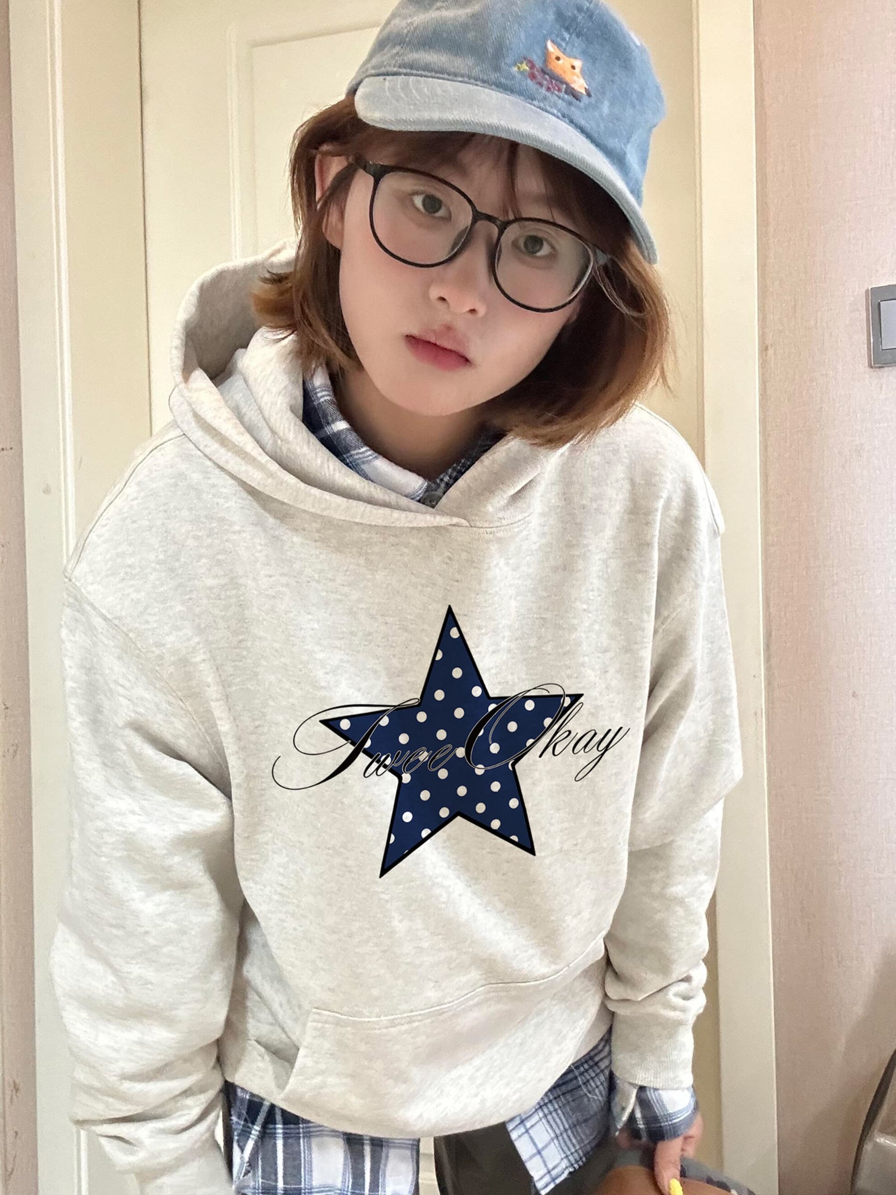 아메리칸 거리 레트로 도트 무늬 별 후드 티 스웨터 여성 가을 한 부서 학원 스타일 루즈핏 풀오버 캐주얼 재킷 이미지 3