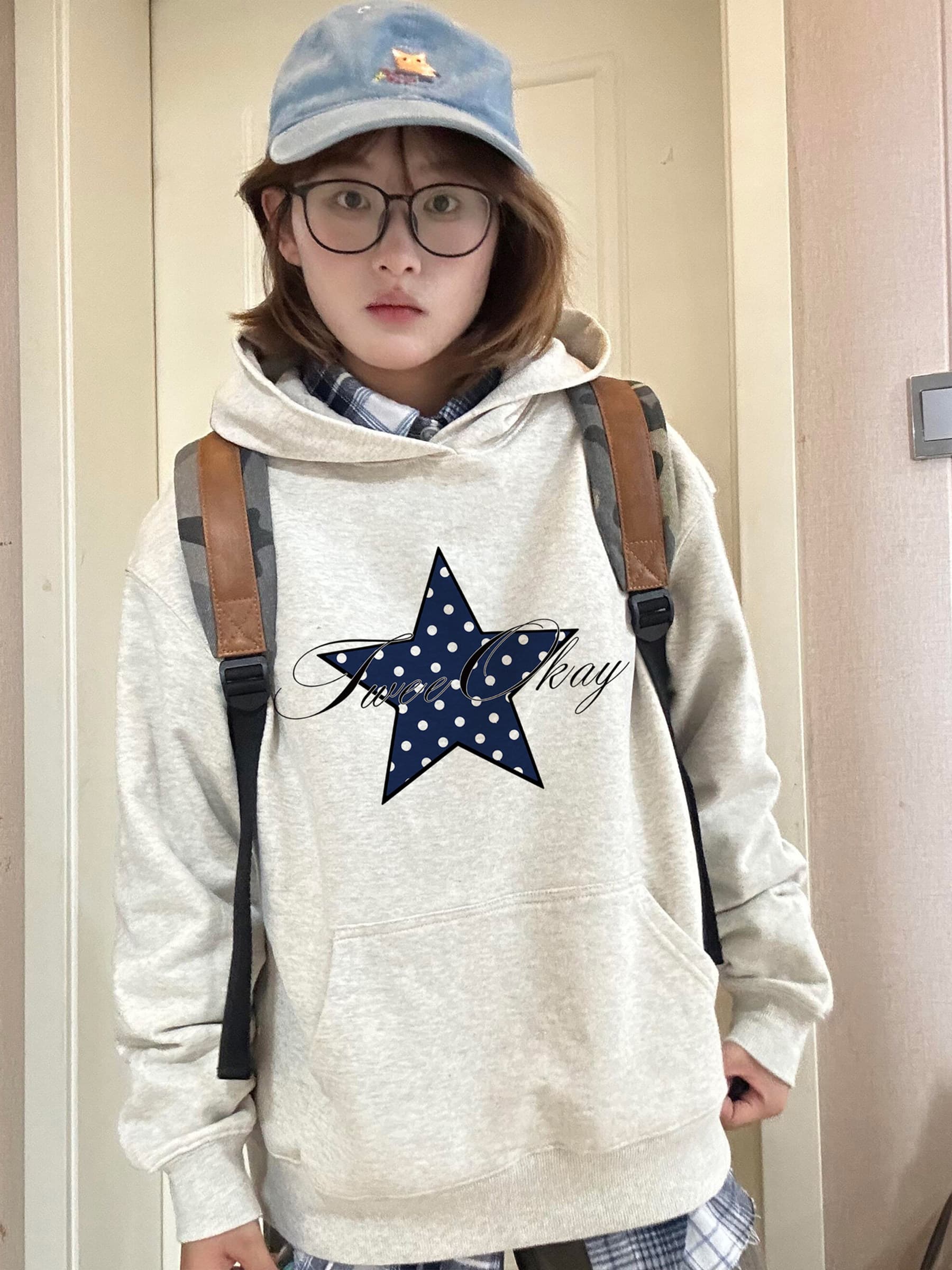 아메리칸 거리 레트로 도트 무늬 별 후드 티 스웨터 여성 가을 한 부서 학원 스타일 루즈핏 풀오버 캐주얼 재킷 이미지 4