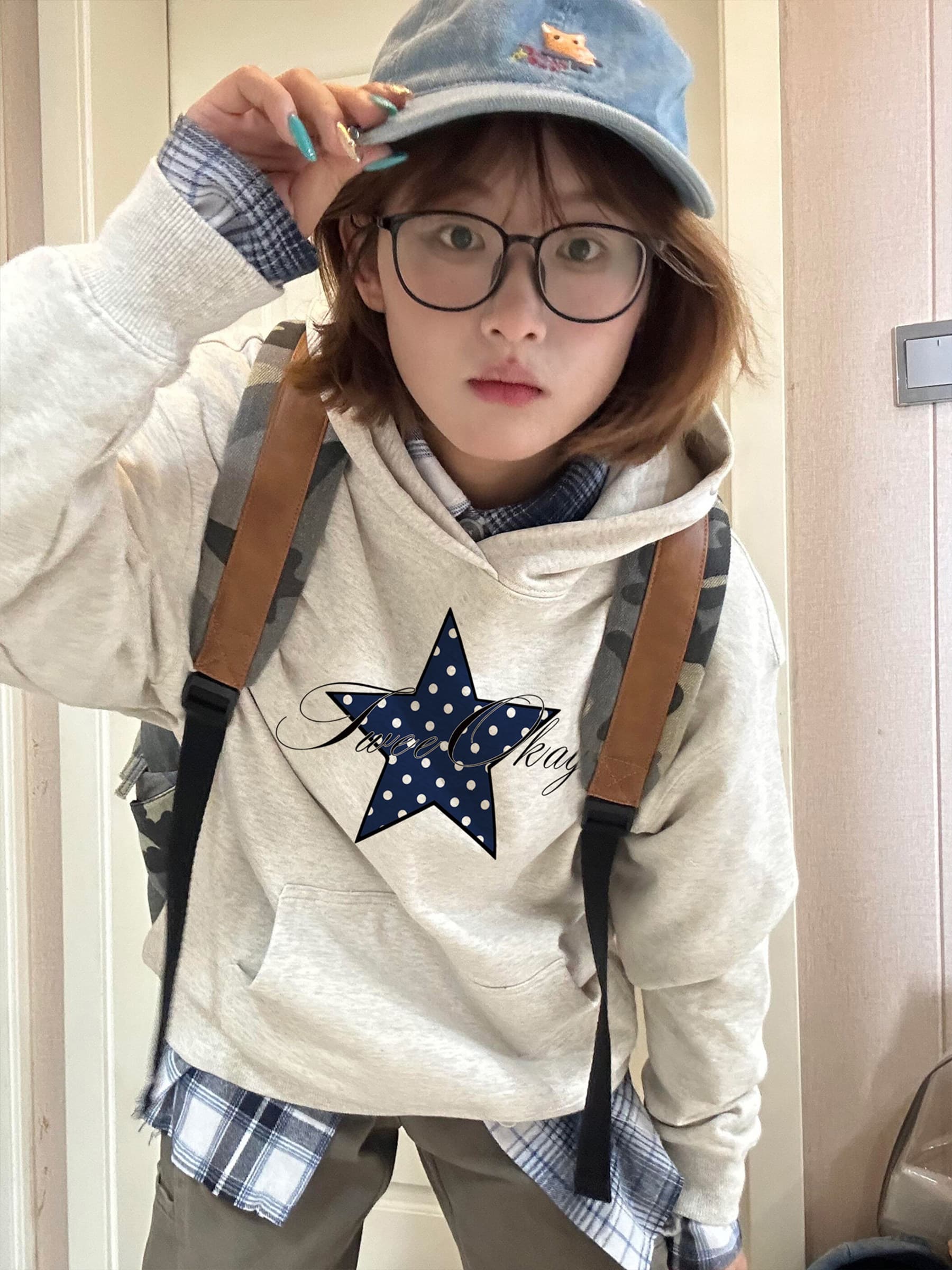 아메리칸 거리 레트로 도트 무늬 별 후드 티 스웨터 여성 가을 한 부서 학원 스타일 루즈핏 풀오버 캐주얼 재킷