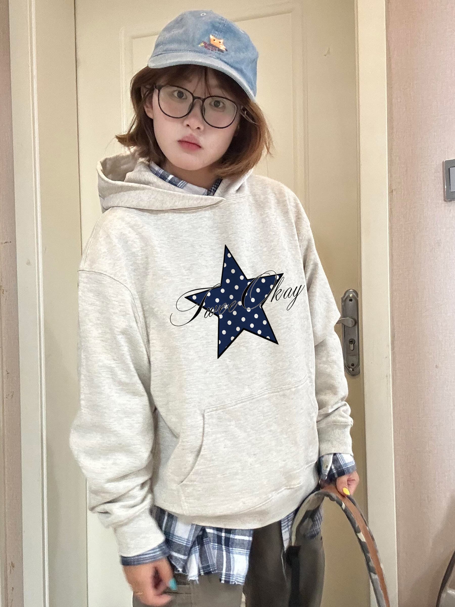 아메리칸 거리 레트로 도트 무늬 별 후드 티 스웨터 여성 가을 한 부서 학원 스타일 루즈핏 풀오버 캐주얼 재킷 이미지 2