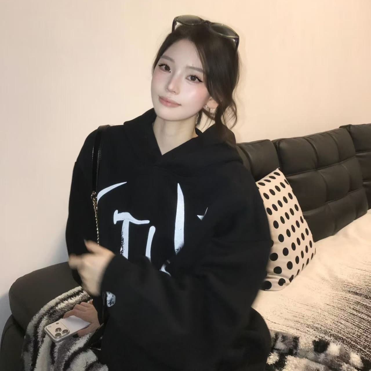 아메리칸 oversize 느긋한 바람 프린트 후드 티 스웨터 여성 가을 겨울철 검정색 루즈핏 커플룩 플러스 캐시미어 모자 셔츠 이미지 5