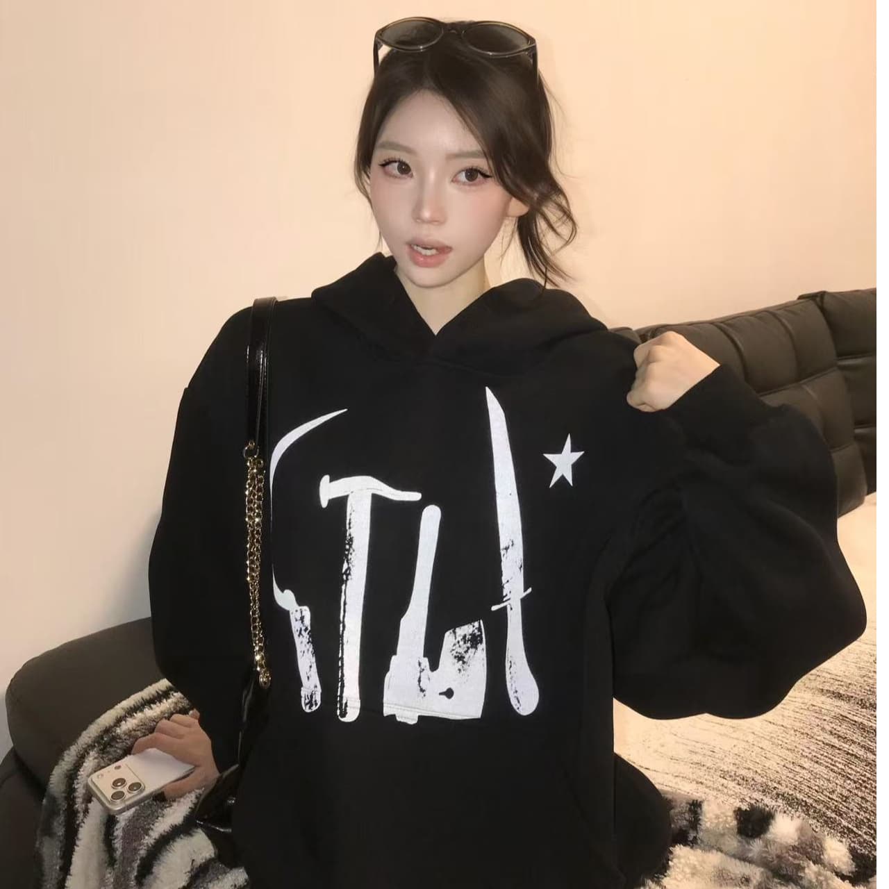 아메리칸 oversize 느긋한 바람 프린트 후드 티 스웨터 여성 가을 겨울철 검정색 루즈핏 커플룩 플러스 캐시미어 모자 셔츠 상세 이미지 1