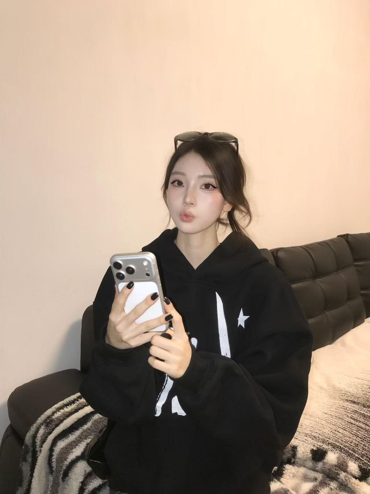 아메리칸 oversize 느긋한 바람 프린트 후드 티 스웨터 여성 가을 겨울철 검정색 루즈핏 커플룩 플러스 캐시미어 모자 셔츠 상세 이미지 2