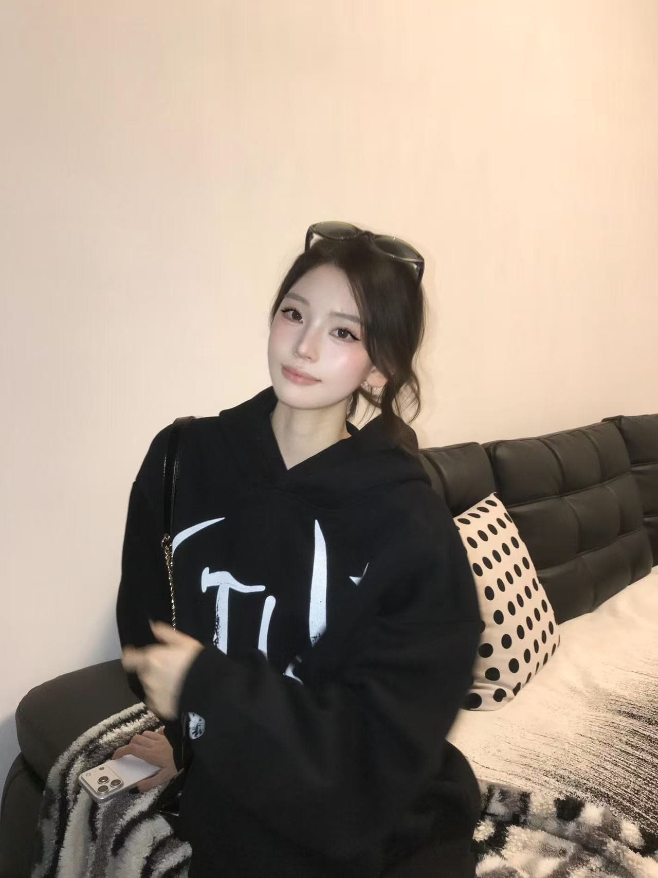 아메리칸 oversize 느긋한 바람 프린트 후드 티 스웨터 여성 가을 겨울철 검정색 루즈핏 커플룩 플러스 캐시미어 모자 셔츠 상세 이미지 4