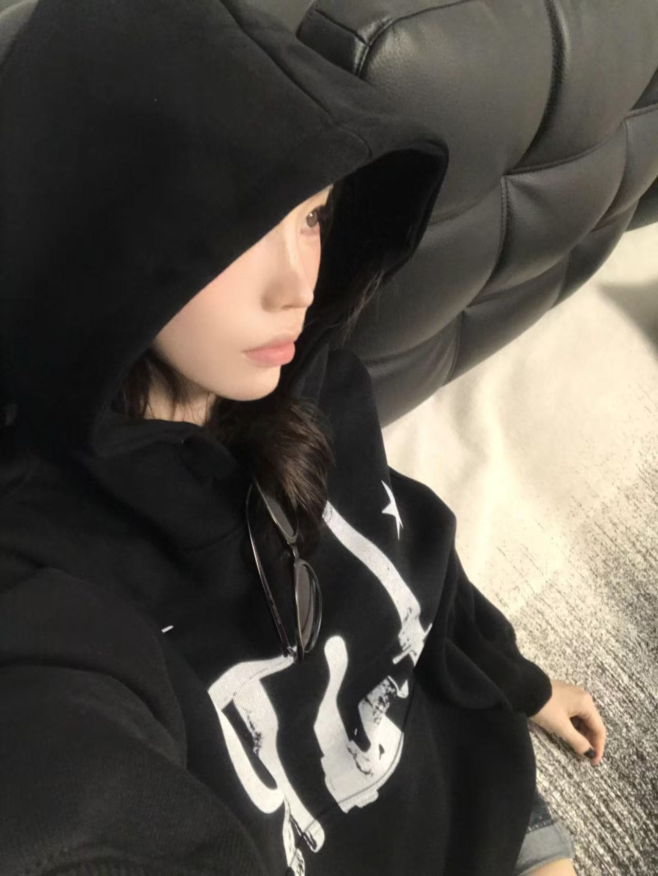 아메리칸 oversize 느긋한 바람 프린트 후드 티 스웨터 여성 가을 겨울철 검정색 루즈핏 커플룩 플러스 캐시미어 모자 셔츠 상세 이미지 5