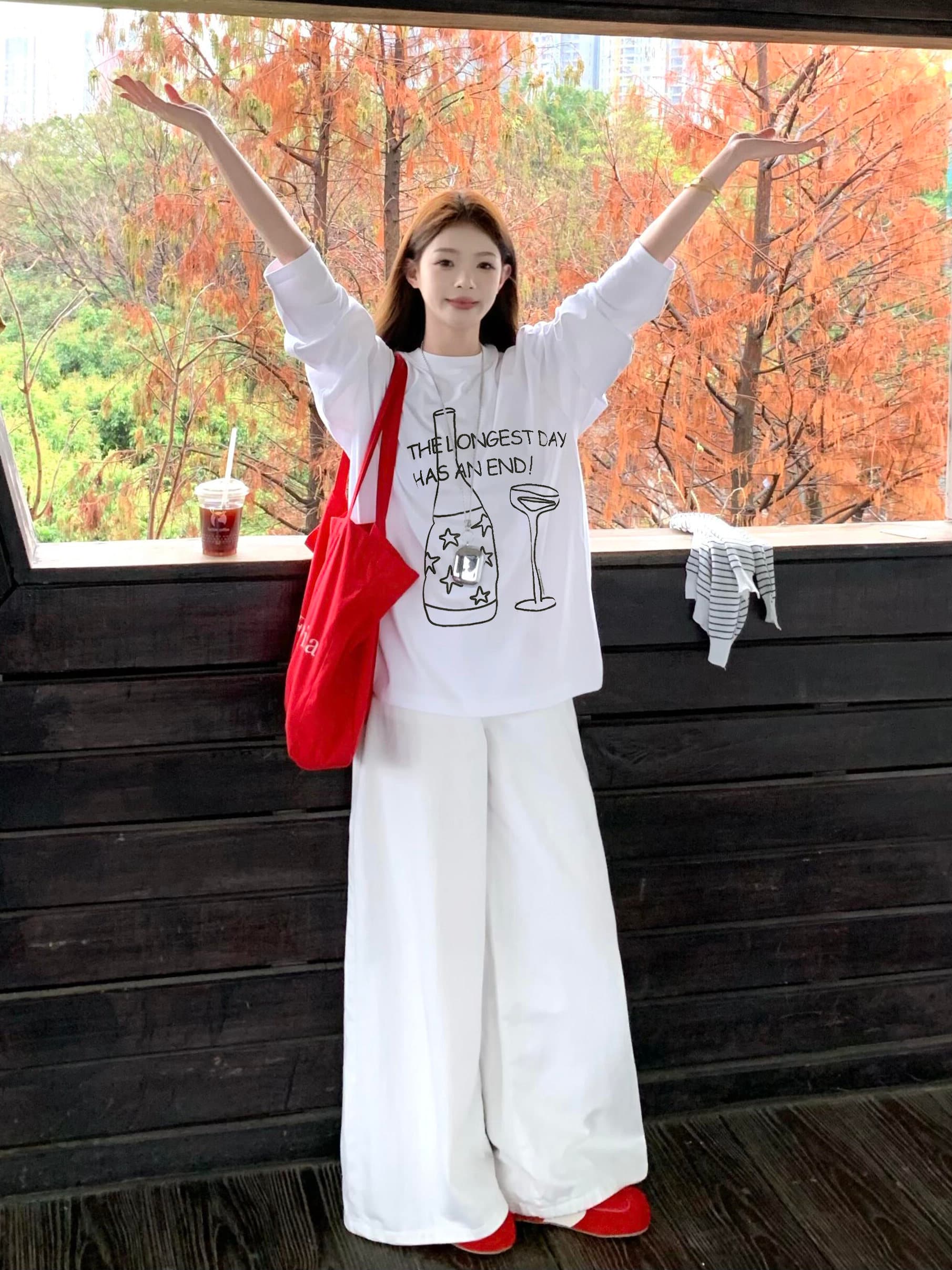 아메리칸 수채화 와인 병 무거운 순면 긴팔 티셔츠 남녀 가을 새로운 루즈핏 느긋한 바람 기본 셔츠 맨위 상세 이미지 4