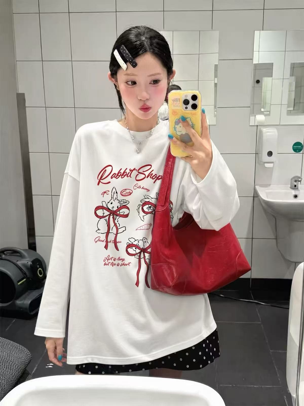 일본식 소녀 센스 수채화 새끼 고양이 프린트 순면 긴팔 티셔츠 여성 가을 루즈핏 ins 바람 다용도 맨위 이미지 3