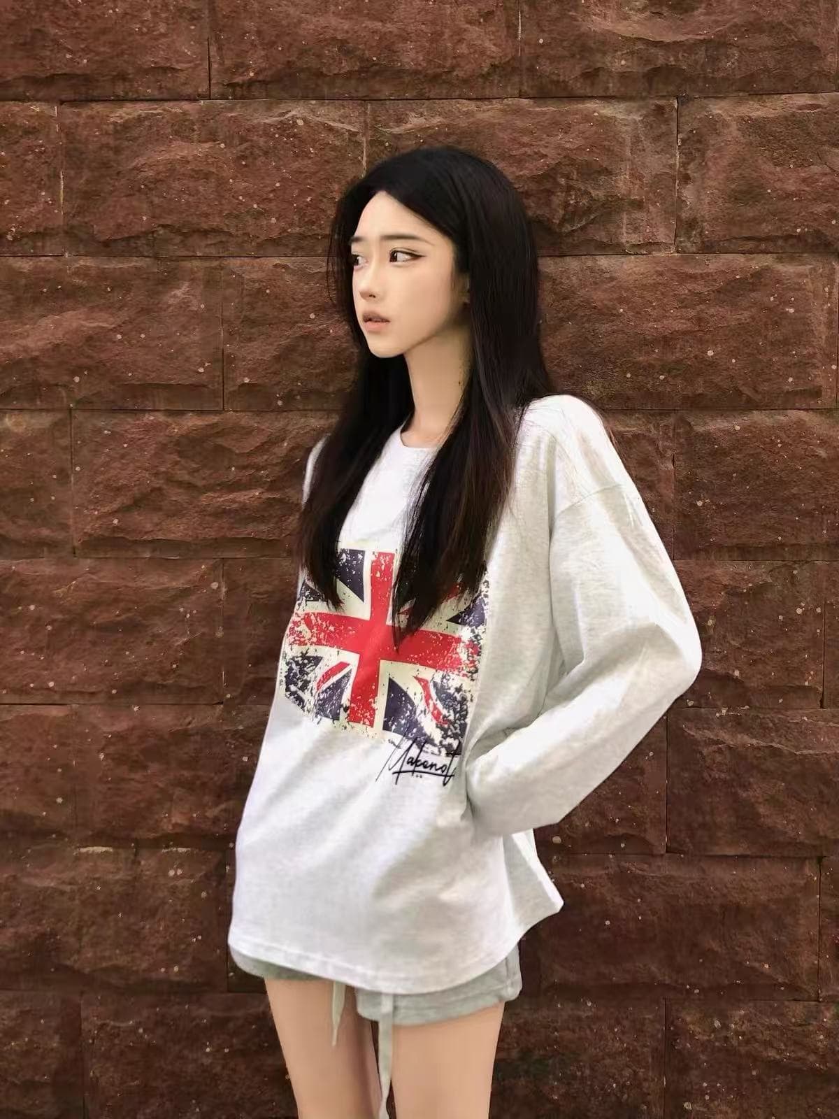 작은 대중 레트로 라이스 국기 프린트 느긋한 캐주얼 루즈핏 순면 편안함 만나는 긴팔 티셔츠 맨위 이미지 3
