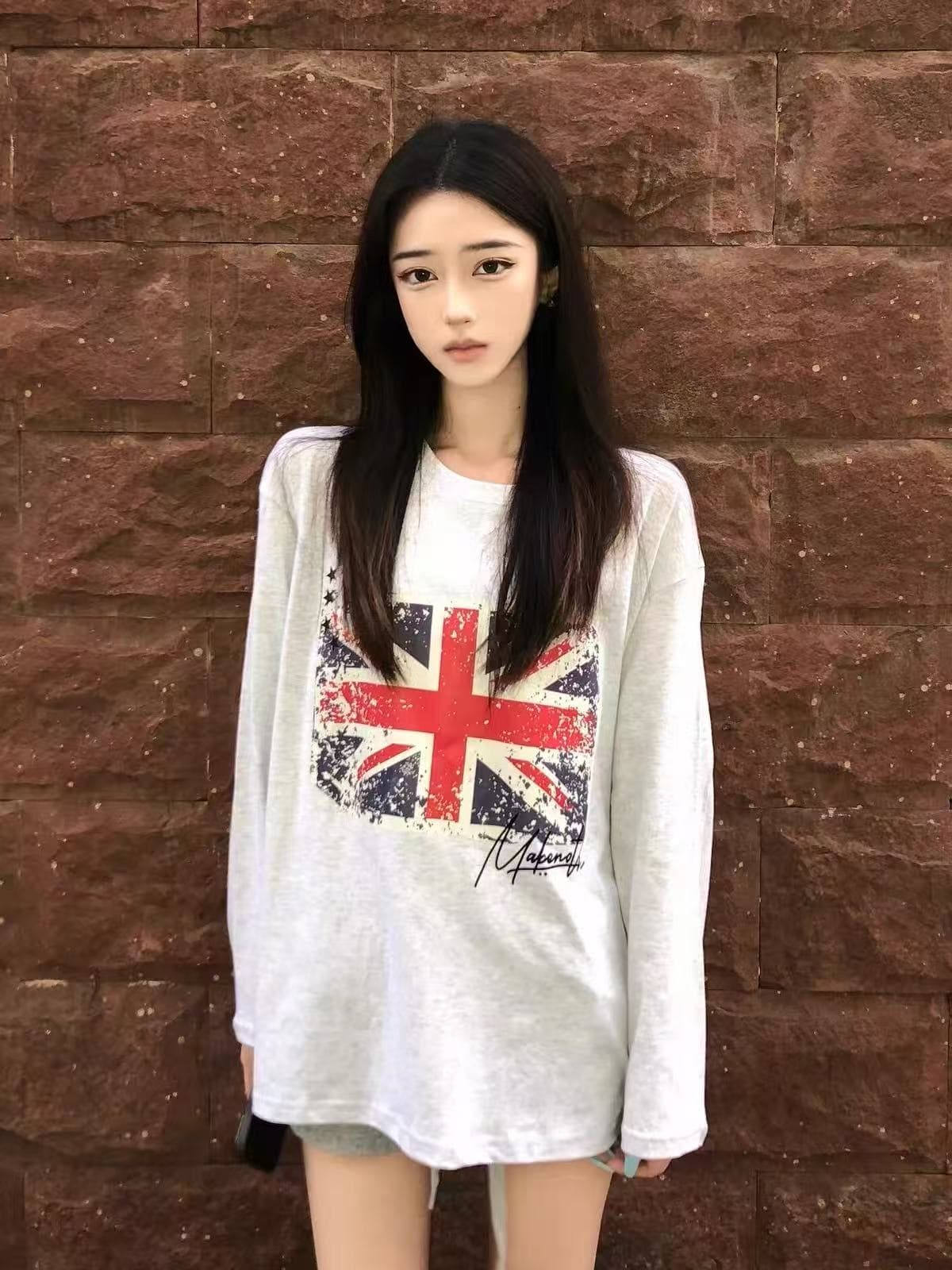 작은 대중 레트로 라이스 국기 프린트 느긋한 캐주얼 루즈핏 순면 편안함 만나는 긴팔 티셔츠 맨위 상세 이미지 3