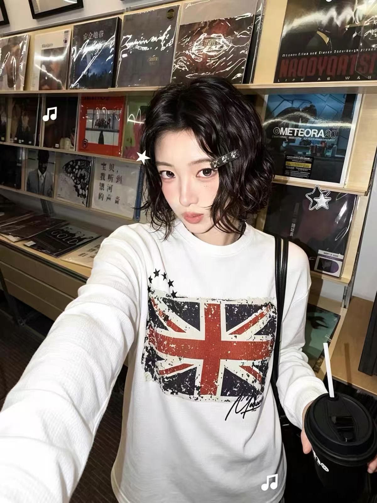 작은 대중 레트로 라이스 국기 프린트 느긋한 캐주얼 루즈핏 순면 편안함 만나는 긴팔 티셔츠 맨위 상세 이미지 4