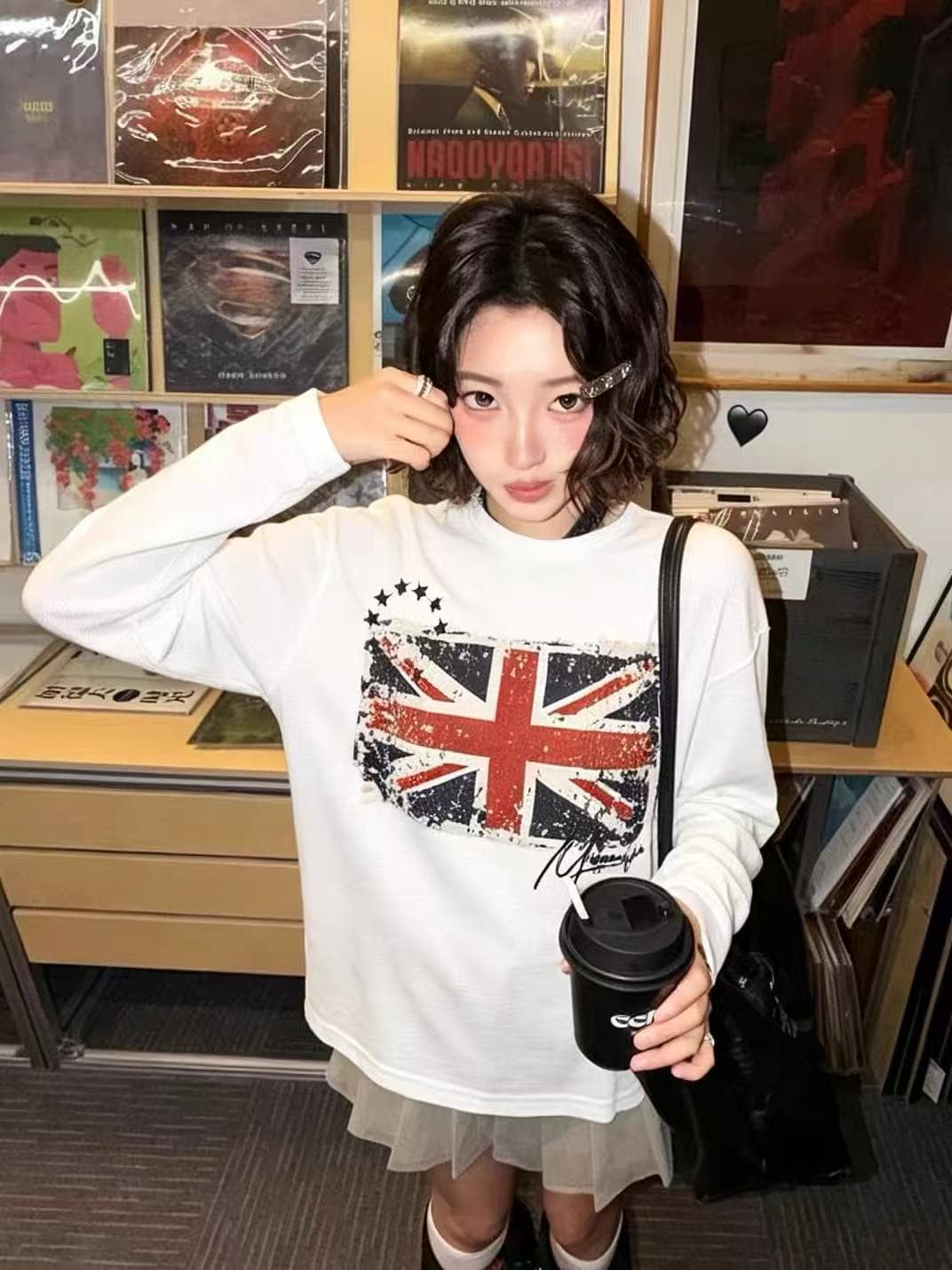 작은 대중 레트로 라이스 국기 프린트 느긋한 캐주얼 루즈핏 순면 편안함 만나는 긴팔 티셔츠 맨위 상세 이미지 5