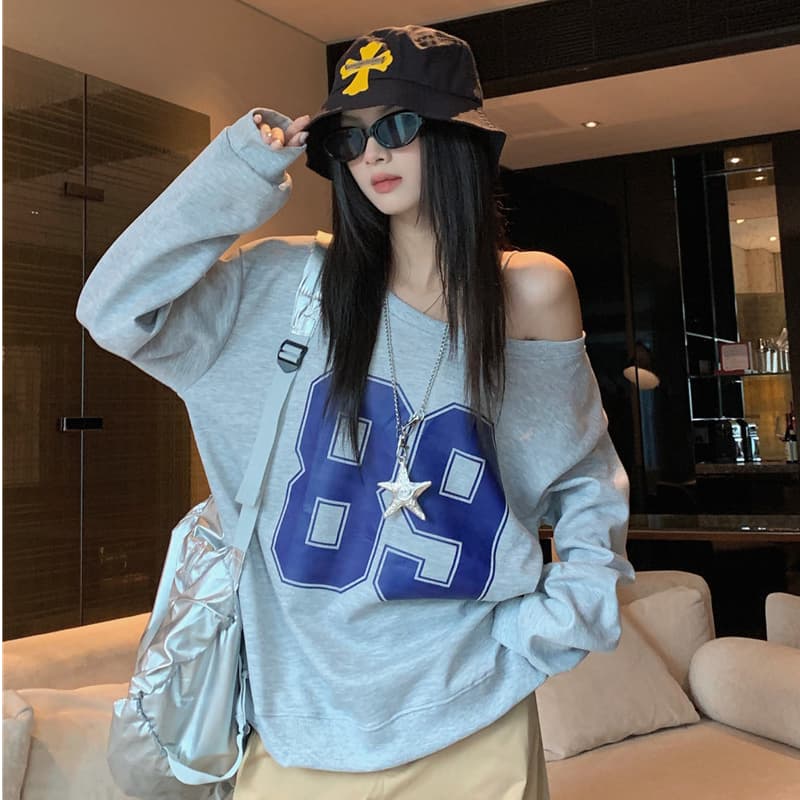 프린트 비스듬한 어깨 긴팔 후드티 여성 가을 느긋한 루즈핏 아메리칸 레트로 디자인 센스 회색 다용도 풀오버 맨위 상세 이미지 1