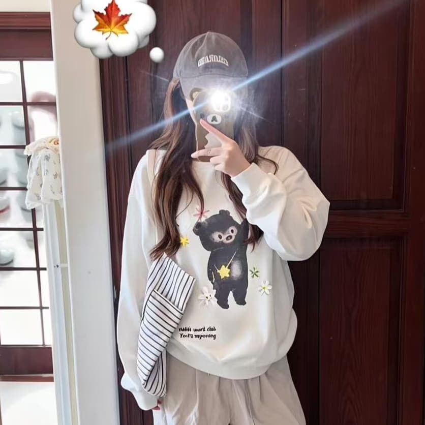 조수 브랜드 달콤함 작은 곰 프린트 라운드 넥 후드티 여성 가을 루즈핏 다용도 ins 캐주얼 후드티 트렌디