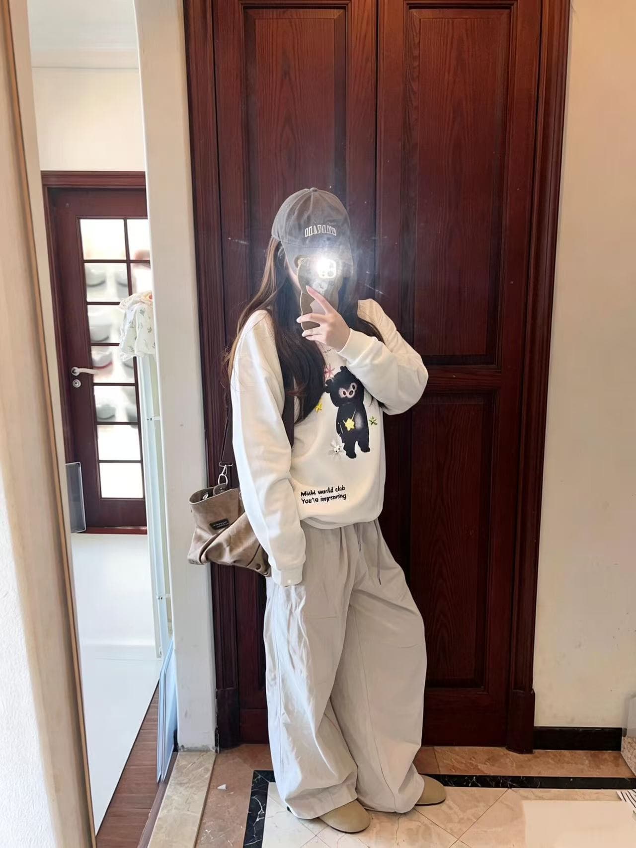 조수 브랜드 달콤함 작은 곰 프린트 라운드 넥 후드티 여성 가을 루즈핏 다용도 ins 캐주얼 후드티 트렌디 이미지 2