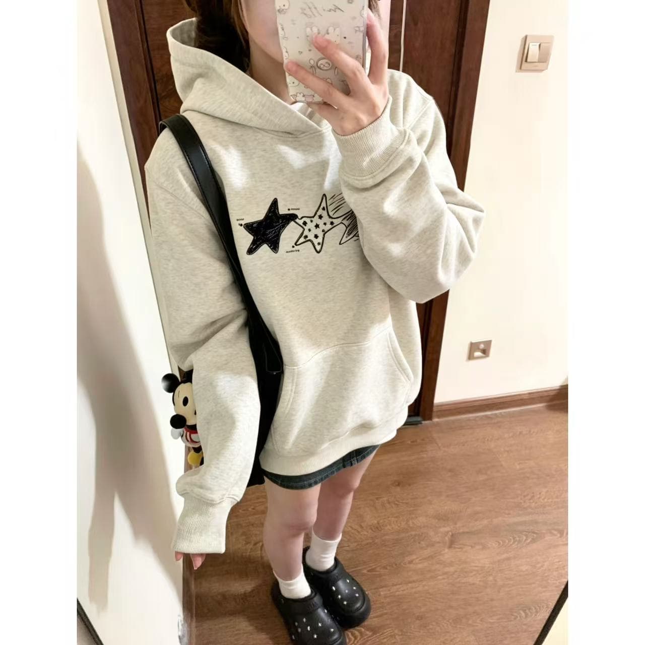 한 부서 달콤한 차가운 별 프린트 후드 티 스웨터 여성 가을 겨울 새로운 루즈핏 학생 다용도 느긋한 바람 털이 있는 재킷 이미지 4