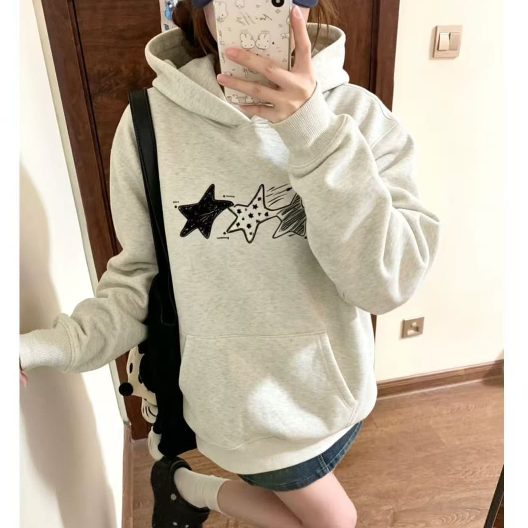 한 부서 달콤한 차가운 별 프린트 후드 티 스웨터 여성 가을 겨울 새로운 루즈핏 학생 다용도 느긋한 바람 털이 있는 재킷 상세 이미지 1