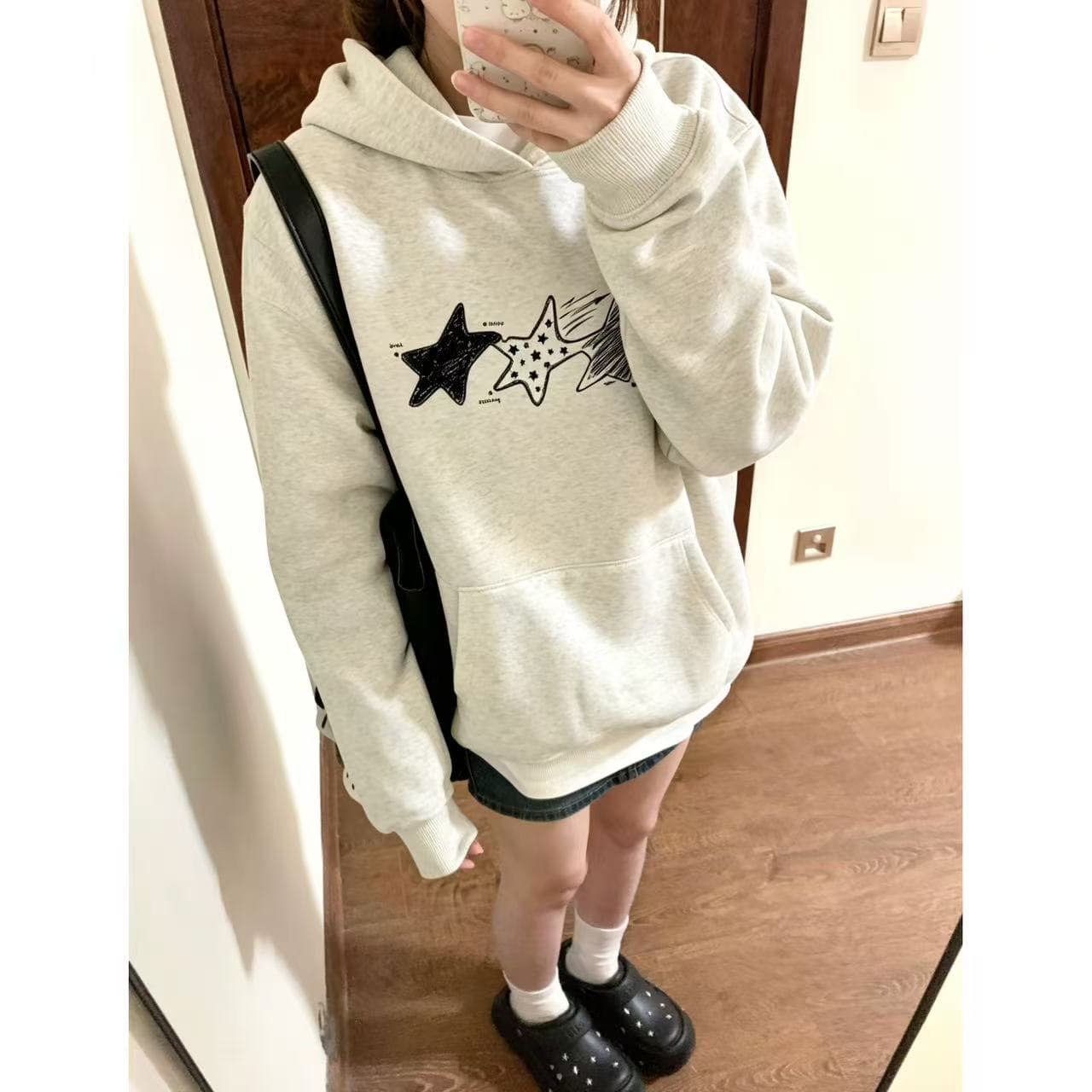 한 부서 달콤한 차가운 별 프린트 후드 티 스웨터 여성 가을 겨울 새로운 루즈핏 학생 다용도 느긋한 바람 털이 있는 재킷 상세 이미지 2