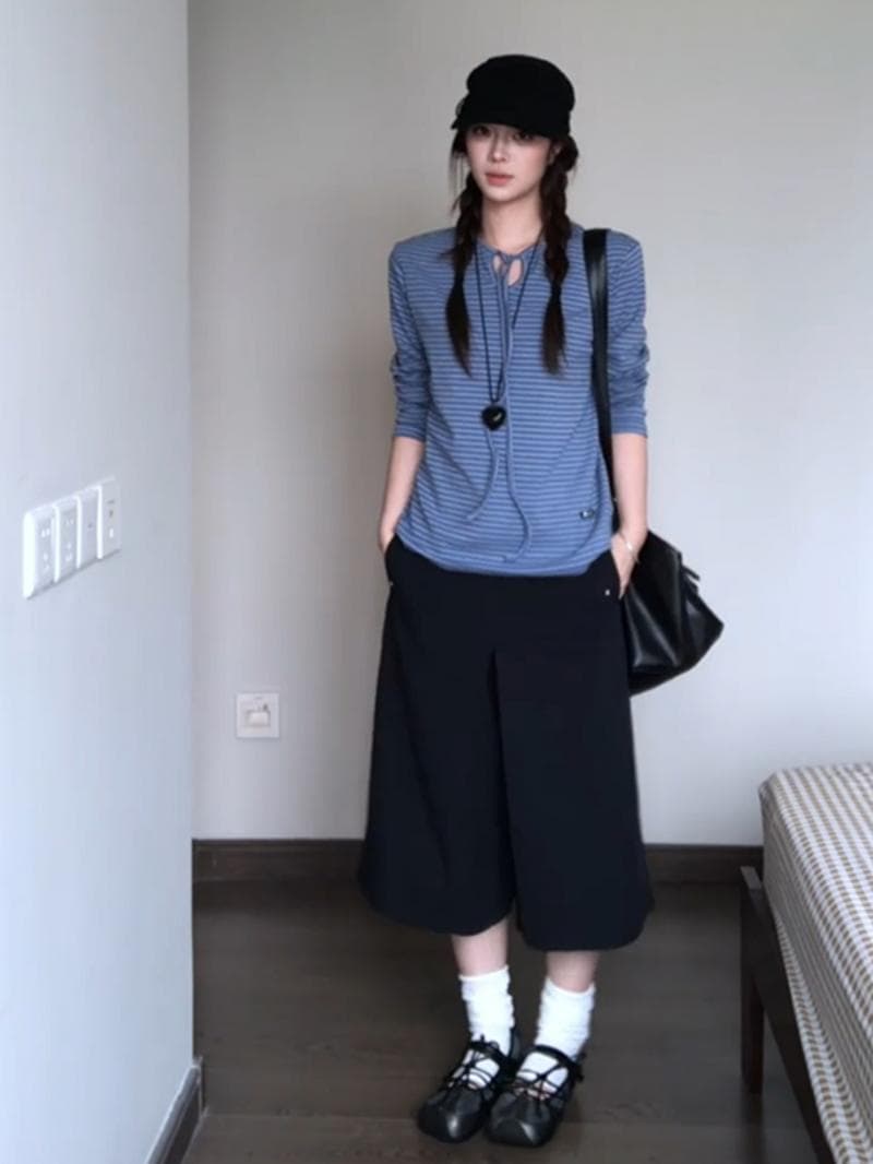 한 부서 레이스업 파란색 스트라이프 긴팔 티셔츠 여성 가을 새로운 루즈핏 슬림해 보이는 캐주얼 느슨함 센스 만나는 맨위 이미지 4